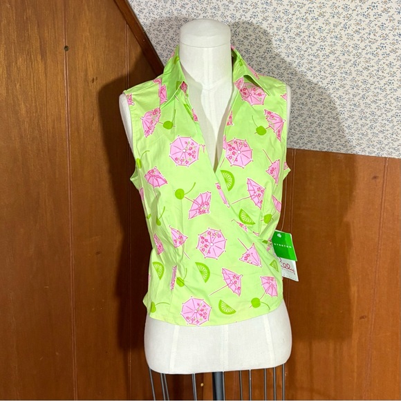 Lilly Pulitzer Tops - Vintage Lilly Pulitzer Lime Green Wrap Blouse with Pink Umbrella Print Sz M